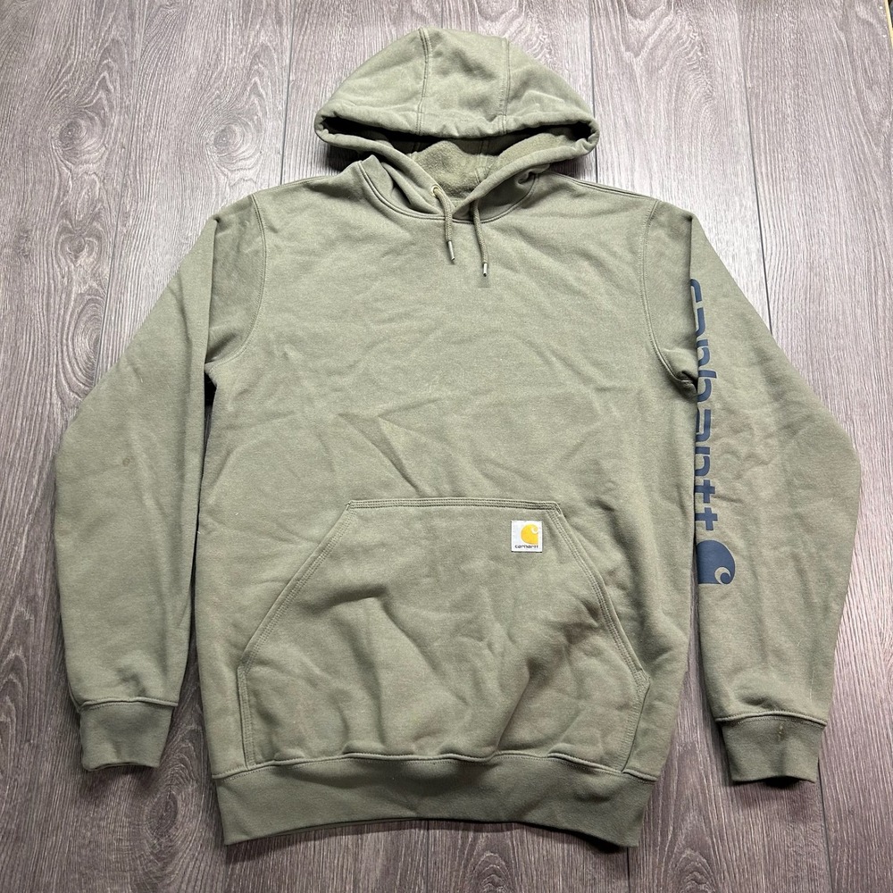 Carhartt Mens Loose Fit Midweight Small Sleeve Logo Hoodie Olive Green Workwear